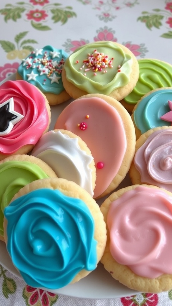 A plate of colorful frosted sugar cookies with decorative icing and sprinkles.